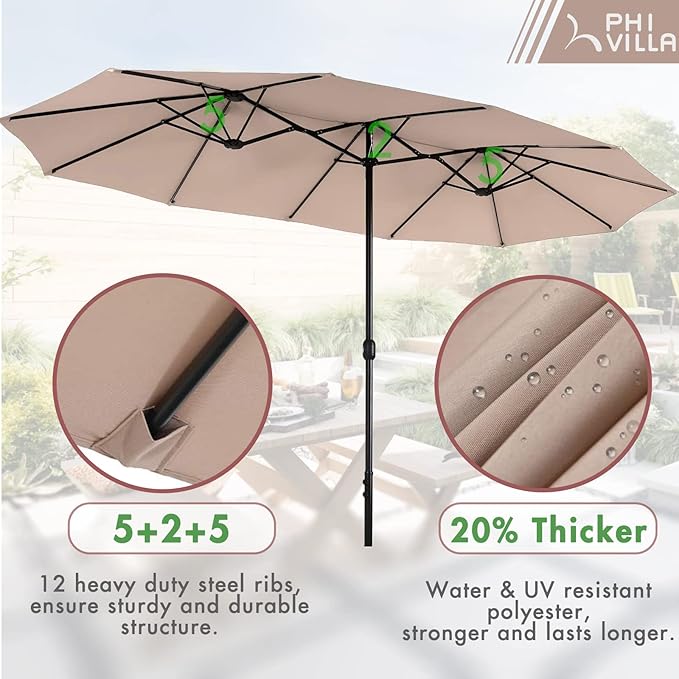 PHI VILLA 8 Piece Patio Dining Set with 13ft Double-Sided Patio Umbrella(Beige),Metal Outdoor Table Furniture Set with 6 Outdoor Stackable Chairs, 1 Rectangle Dining Table and 1 Large Beige Umbrella