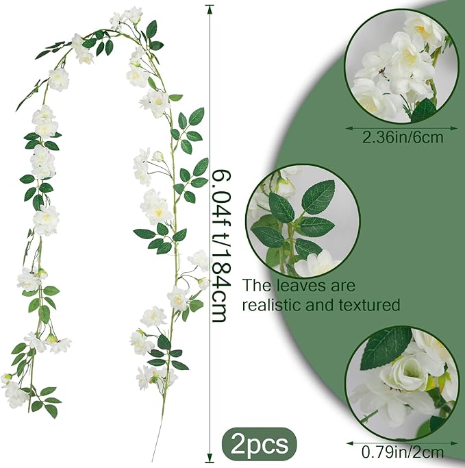 2 Pcs Artificial Flowers Garland for Outdoors White Faux Gardenia Garland 12Ft Silk Rose Hanging Vines Floral for Wedding Arch Party Wall Garden Ceremony Backdrop Fence Spring Decor