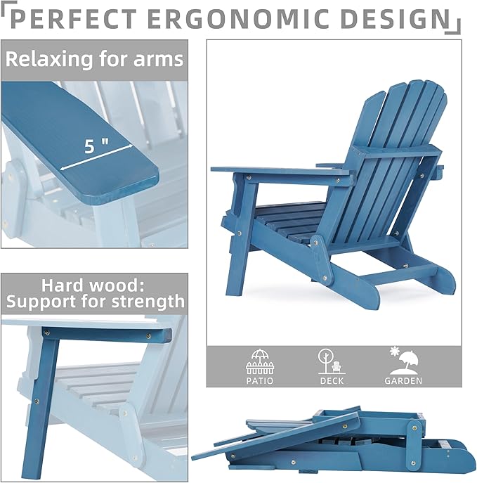 SoliWood Set of 2 Oversized Outdoor Wooden Folding Adirondack Chair with Retractable Ottoman, Wood Patio Chair with Footrest for Garden Backyard Porch Pool Deck Firepit