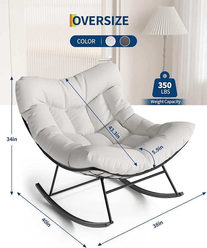 GarveeLife Outdoor Papasan Rocking Chair, Oversized Rocking Chair with Sturdy Metal Frame, Patio Rattan Egg Rocker for Balcony Backyard Porch Bedroom, White