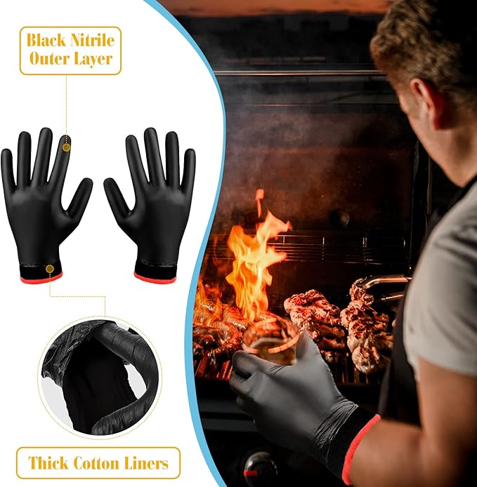 Janmercy 200 Pcs Disposable BBQ Nitrile Gloves with 4 Pairs Cotton Liners Grilling Cooking Cleaning Gloves for Smoker Meat(X-Large,Black)