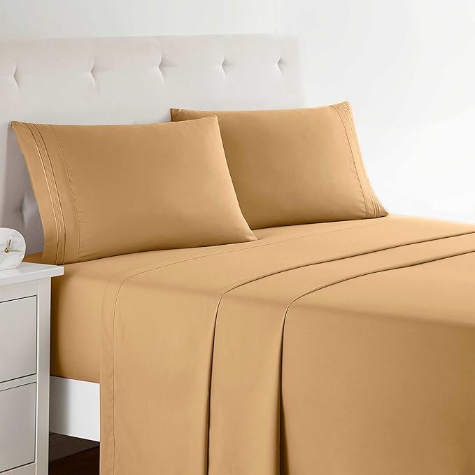 Clara Clark Bed Sheets, Premier 1800 Series 4 Piece Bed Sheet Set, Deep Pocket, Wrinkle, Fade, Stain Resistant, Luxury Soft Bedding Sheets & Pillowcases, Twin-XL, Camel Gold