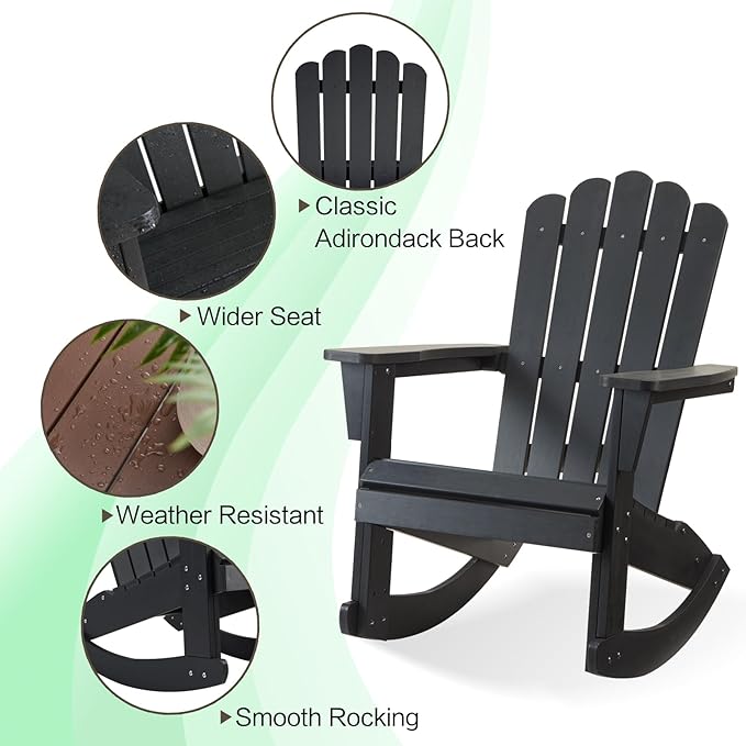 Psilvam Outdoor Adirondack Rocking Chair, Poly Lumber Porch Rocker with High Back, Patio Rocking Chair for Both Outdoor and Indoor (Black)