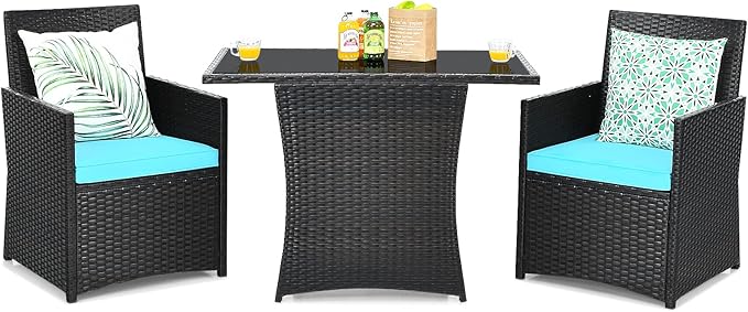 Tangkula 3 Pieces Patio Dining Set, Space-Saving PE Rattan Bistro Set with Tempered Glass Top Table and Cushioned Chairs, Outdoor Conversation Set for Garden Backyard Poolside Porch (Turquoise)