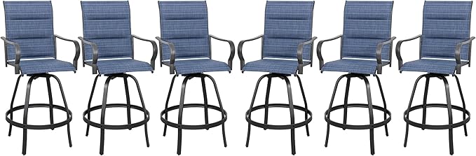 Vongrasig 6 Piece Outdoor Patio Swivel Bar Chairs, All Weather Padded Sling Textile High Top Bar Stools, Bistro Set for Backyard, Lawn Garden, Balcony, Padded Blue