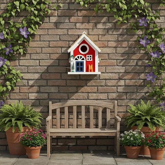 Masterpiece Bluebird House for Outside - Solid Cedar Wood Bird House Bird Feeder for Outdoor - Stainless Hardware - 2 Optional Hole Size 1.5" /1.25" - Garden Center Piece (Red Mansion)