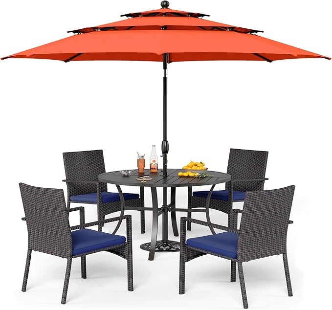 PHI VILLA 5 Pieces Outdoor Dining Set with Umbrella for 4, Round Metal Iron Dining Table & Wicker Chairs with Cushions & Large Red Umbrella, Morden Dining Furniture for Patio, Deck, Yard, Porch