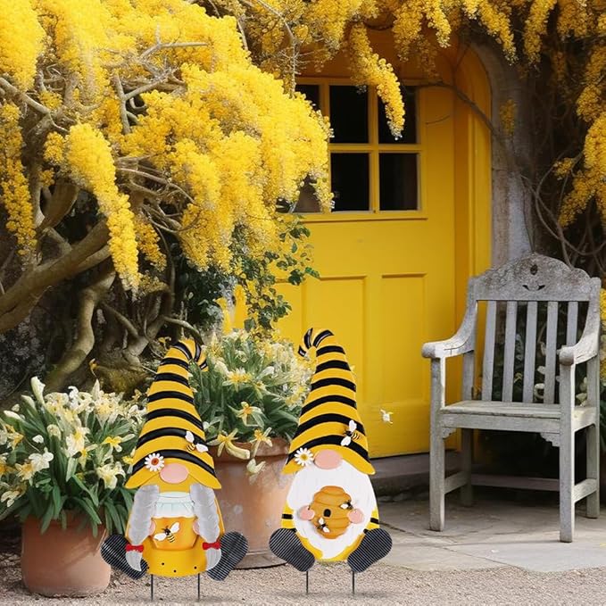 YEAHOME Metal Gnome Decorative Garden Stakes, 2 Pcs Outdoor Garden Decor with Honeybee Ornament Spring Decorations Yard Art Stakes for Indoor Outdoor Patio Lawn (Yellow & Orange)