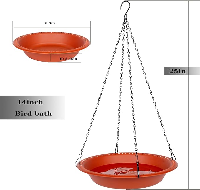Bird Baths for Outdoors Heavy Duty, 14 inch BirdBath Bowl Only with 25” Rust-Proof Black Chains, Hanging Bird Bath Hanging Bird-Feeder for Garden Backyard Decor (Terracotta 1 Pack)