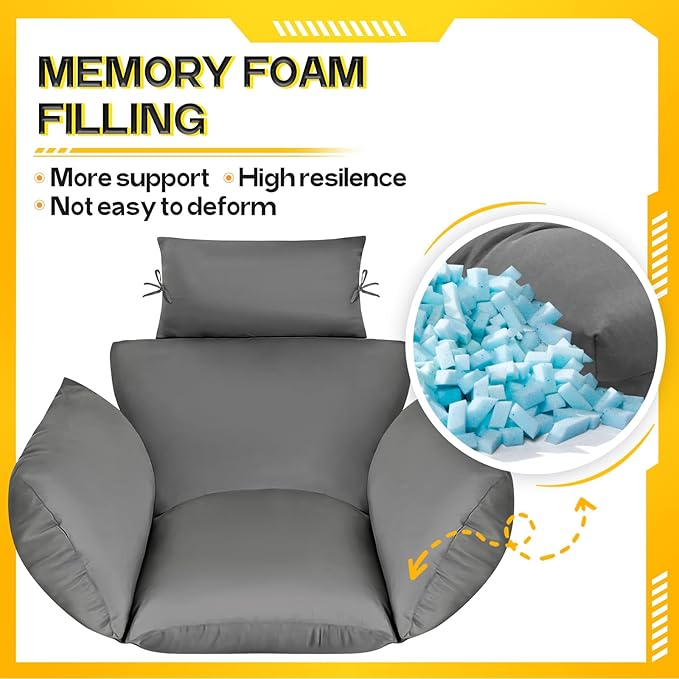 MAGIC ELEPHANT Egg Chair Cushion, Memory Foam Indoor Outdoor Hanging Egg Chair Cushion Replacement, Patio Basket Swing Cushion with Headrest (Gray)