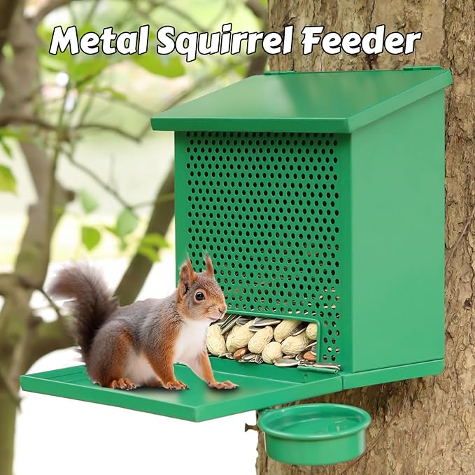 Squirrel Feeders for Outside，Squirrel Feeder with Foldable Metal Front Panel Perch Funny Metal Chipmunk House Hanging Boxes Easy to Refill (Green)