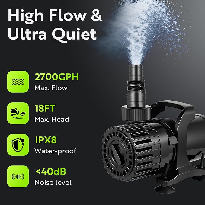 2700GPH Submersible Pond Pump, 150W Waterfall & Fountain Pump with Adjustable Flow Control, 0–180° Rotatable Outlet, Filter Bag, IPX8, 20.3ft Cord for Koi Ponds & Garden Ponds, UL listed
