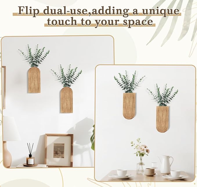 Dahey Wood Wall Planter Vase with Artificial Eucalyptus, 2 Pack Hanging Planter for Indoor Fake Plants Modern Boho Farmhouse Wall Art Decor for Bathroom Bedroom Kitchen Office Home Decoration, Natural