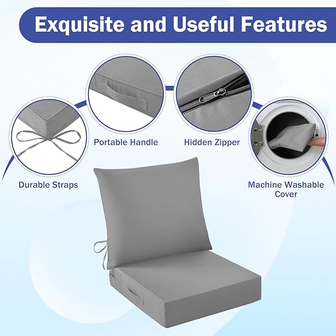Outdoor Seat Cushion Set, Waterproof & Fade Resistant Patio Chair Cushions, Outdoors Cushion for Patio Furniture, 24 x 24 x 4 Inch, Outdoor Couch Cushions with Handle and Ties, Grey