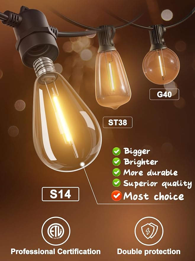 addlon 50FT LED Outdoor String Lights with Edison Shatterproof Bulbs, Weatherproof Strand, Commercial Grade Patio Lights, Decorative for Garden or Patio, Black