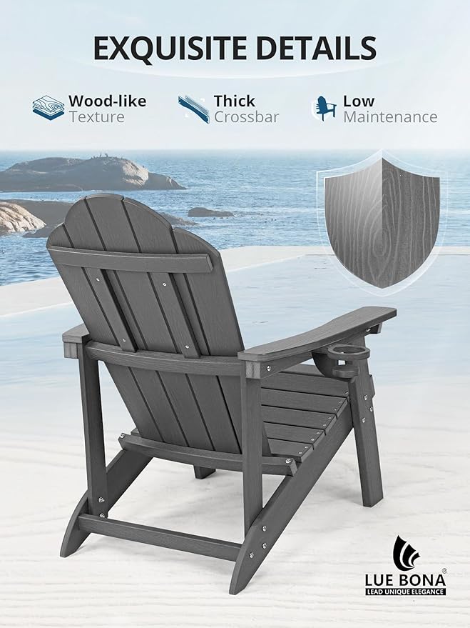 LUE BONA Matte HDPE Adirondack Chairs Set of 4 - Weather Resistant Seating with Cup Holder for Patio, Fire Pit, Deck & Cafe Patio, Dark Gray