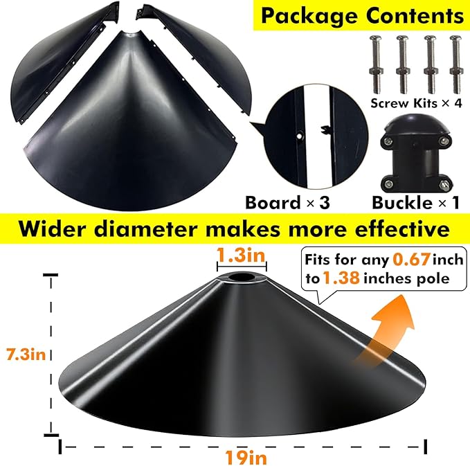 Large 19 Inch Squirrel Baffle for Bird Feeder Pole, Heavy-Duty 30% Thicker Chew-Proof Design, Black Pole Mount Raccoon Guard, Easy Install Weatherproof Protector for Outdoor Bird Feeders