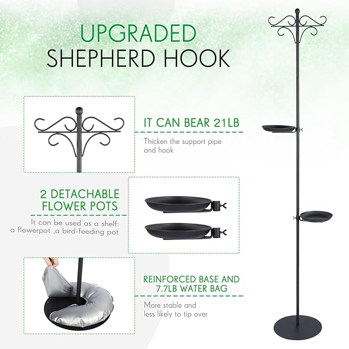 1 Set Upgraded 75.9" Shepherds Hook for Bird Feeder, Hanging Plant Wind Chime Stand, Metal Adjustable Standing Pole Holder for Indoor Outdoor, with 2 Rack & Weight Bag (Retro 2 Hooks)