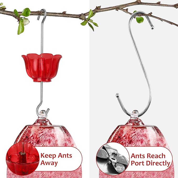 Ant Moat for Hummingbird Feeders 4 Pack,2 oz Capacity,Suitable for Outdoor Yard Hanging Feeders,Hummingbird Feeder Ant Guard,Rustproof S Hooks,Sturdy,Leakproof,Red Flower Shape