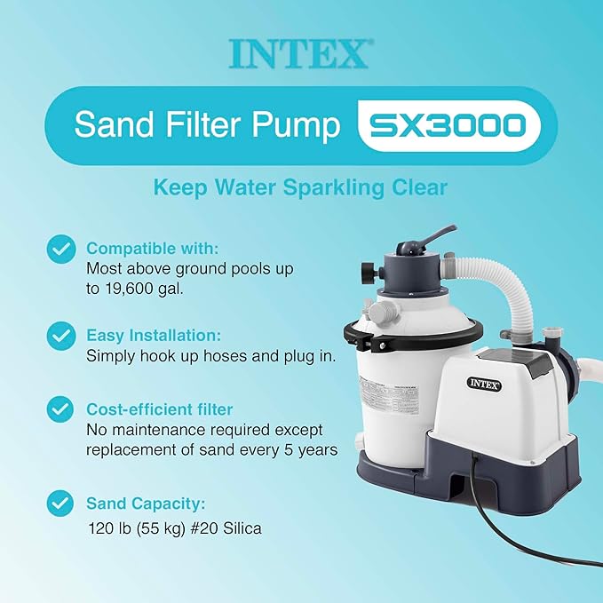 INTEX SX3000 Krystal Clear Sand Filter Pump for Above Ground Pools: 3000 GPH Pump Flow Rate – Includes Deluxe Wall Mount Pool Cleaning Surface Skimmer