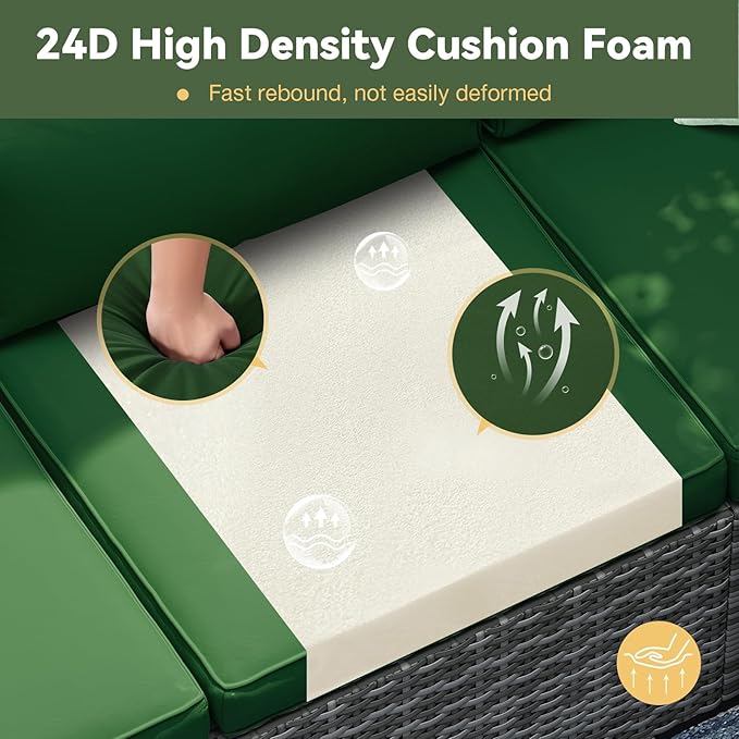 Aoxun Replacement Cushions for Outdoor Furniture, 14-Piece Outdoor Cushions for Patio Furniture, Deep Seat, Waterproof & Fade Resistant Couch Cushion for 6-Seat Patio Conversation Sets, Dark Green