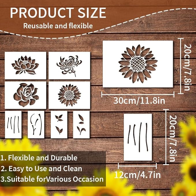 Garden Fence Large Flower Stencils - Reusable Floral Stencil DIY Decoration for Painting on Wood Walls Pattern, Jumbo Sunflower Yard Spray Paint Big Crafts Floor Stencils (E-Sunflowers+Roses)