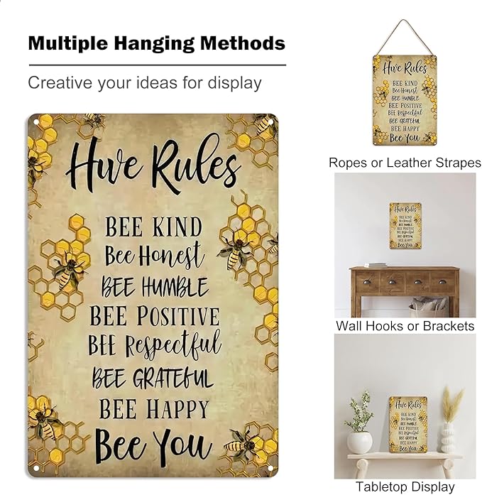 Vintage Hive Rules Metal Tin Sign "BEE KIND BEE HUMBLE Bee POSITIVE BEE Bee Respectful BEE GRATEFUL BEE HAPPY Bee You" Retro Wall Decor for Home Cabin Yard Backyard Decorations (8x12 Inch)