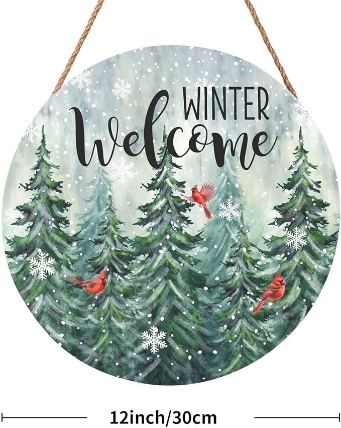 Winter Welcome Snowflake Door Sign For Front Door Decor,Winter Farmhouse Green Pine Tree Cardinal Bird Wooden Sign 12"x 12" Round Wood Hanging Door Sign Decoration for Winter Wall Rustic Porch Decor