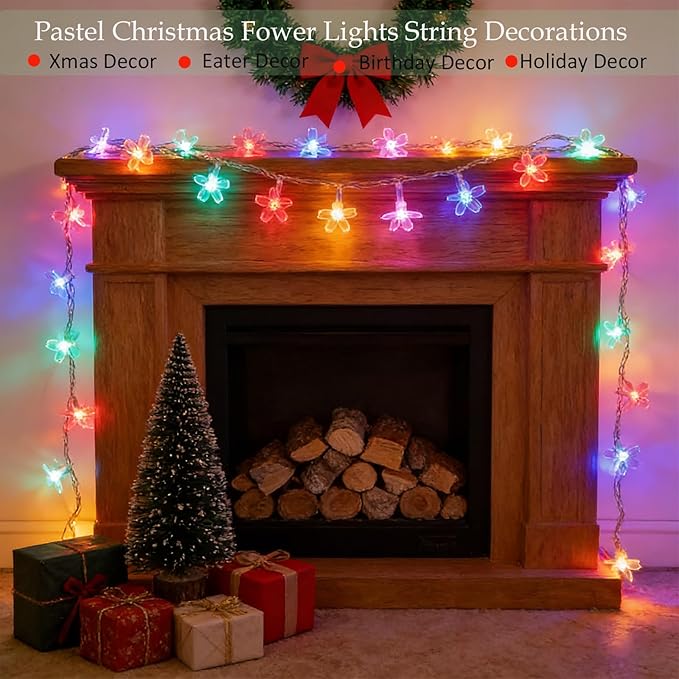 FULLBELL Indoor Fairy Flower String Lights - 33ft 100 LED Plug-in Multicolor Cherry Blossom Floral Lights for Bedroom Wall Decor, Christmas Garden & Tree Branches | Decorative String Lights