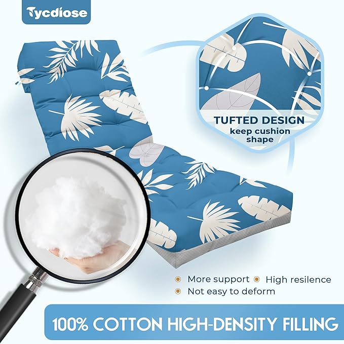 Outdoor Chaise Lounge Chair Cushion, 71 x 22 x 4.7 Inches Waterproof Chaise Lounge Cushions Replacement for Outdoor Furniture, Thickened Non-Slip Patio Lounge Chair Cushions, Blue Leaves