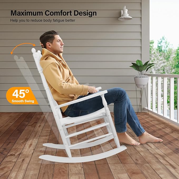 VINGLI Wooden Rocking Chair, Outdoor Chair with 450 lbs Support, Relaxing Rocker with Solid Wood High Back Seat Reclining Seat for Deck, Garden, Backyard, Porch, Indoor or Outdoor Use, White