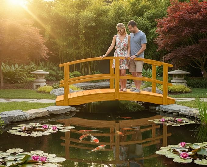 8 FT Oak Amish Made Garden Bridge with Double Rails for Walkway, Backyard Pond & Landscaping, Outdoor Wooden Footbridge for Koi Pond, Japanese Style Decorative Bridge, Made in USA