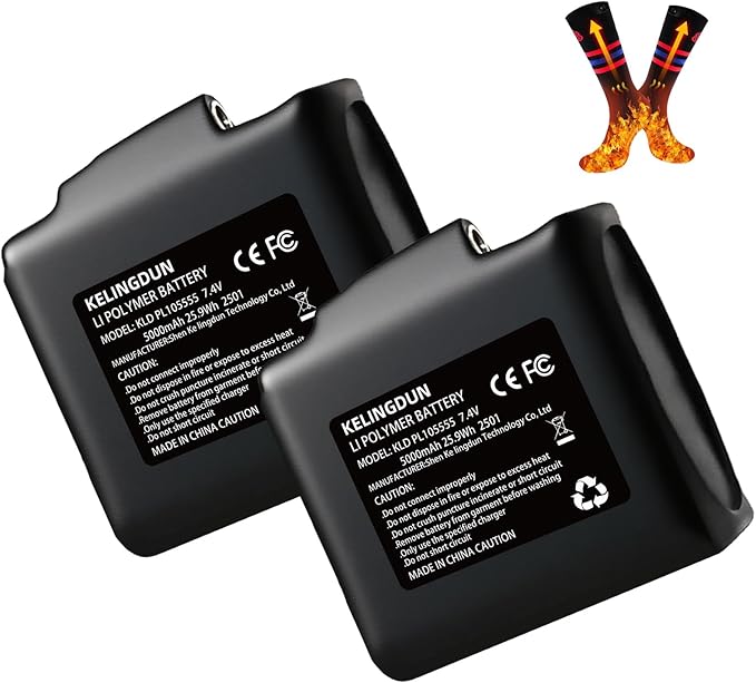 2pcs 5000mAh 7.4V Lithium Polymer Batteries.Rechargeable Li-Polymer Batteries for Heated Gloves, Socks,and Jackets, Ideal for Skiing,Fishing,and Winter Sports. Female DC Jack Compatibility.