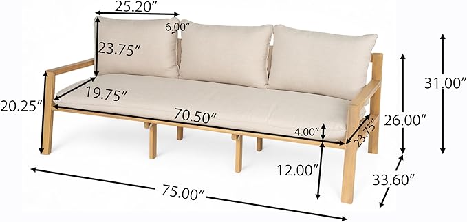 Christopher Knight Home Kaylle Outdoor 3 Seater Sofa with Cushion, Acacia Wood Patio Lounge Sofa with Woven Rope Backrest, Spacious Seating Couch for Backyard Garden Porch, Light Teak + Beige