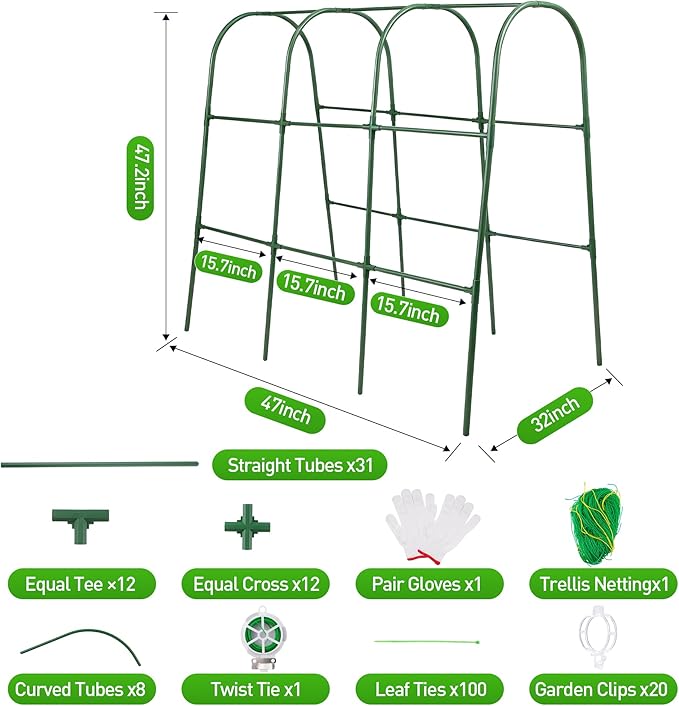 Cucumber Trellis for Raised Garden Bed,U-Shape Plant Support Metel Trellis for Climbing Plants Arch Trellis with Netting for Outdoor Cucumbers, Tomatoes, Vine Climbing Plant(47.2''X32''x47.2''(LxWxH))