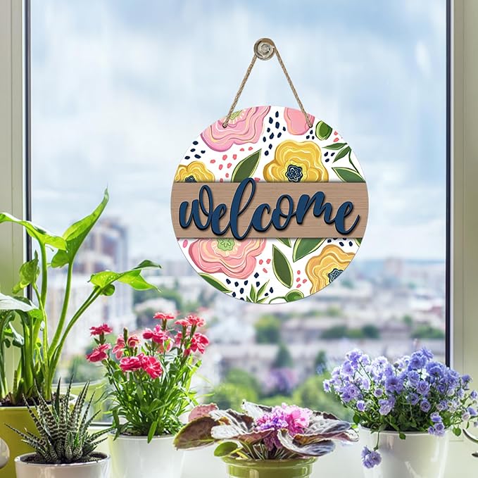 Welcome Spring Summer Flower Front Door Sign, Pink Yellow Floral Wood Door Hanger Outdoor Outside Porch Decor, Farmhouse Wooden Wreath Indoor Wall Hanging Decoration