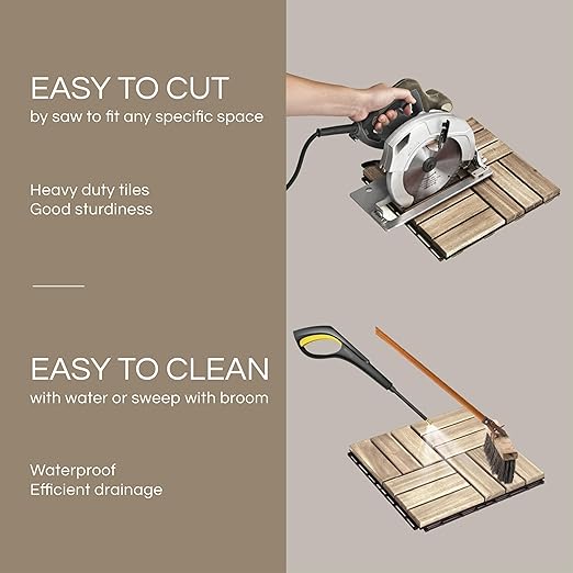 10 Pcs Deck Tiles, Patio Flooring - Outdoor Waterproof Acacia Wood Tiles for All Weather Use - Balcony, Backyard, Indoor & Outdoor (White Crossed Pattern, 10 Square Ft)