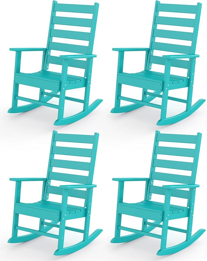 GREENVINES Outdoor-Rocking-Chairs-Set-of-4 | HDPE Plastic | Patio Rockers | Porch Rocker Chair | Shaker | Oversized | High Ladder Back | Big & Tall | PentaLuxe | Aqua