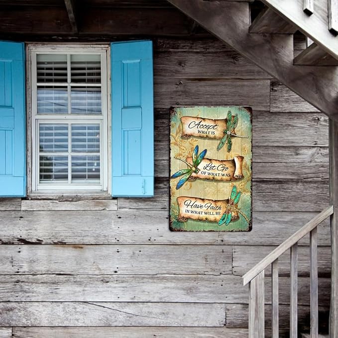 Dragonfly Tin Sign Retro Accept What Is Metal Signs Vintage Dragonfly Wall Art Outdoor Garden Decor Dragonfly Gifts For Women Bathroom Sign Home Decoration Let Go Of What Was Have Faith In What Will