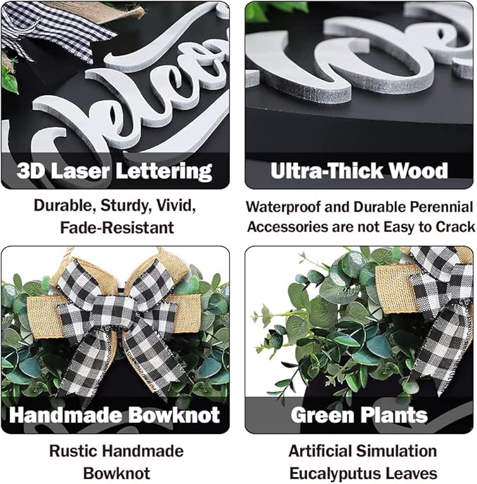 Welcome Sign for Front Door, Front Door Decor for Farmhouse Porch, Rustic Welcome Wreaths with Stapled Greenery, Round Wooden Hanging Sign Housewarming Gift for Home Outdoor Indoor (Black)…