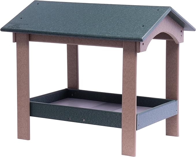AmishToyBox.com Ground Bird Feeder, Deluxe Fly-Through Covered Feeder for Birds and Squirrels with Screen Mesh Tray (Turf Green/Weathered Wood)