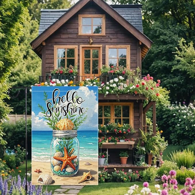Hello Sunshine Garden Flag Starfish Mason Jar Summer Garden Flags 12x18 inch Vertical Double Sided Sea Shell Coastal Burlap Outdoor Lawn Beach Decorations