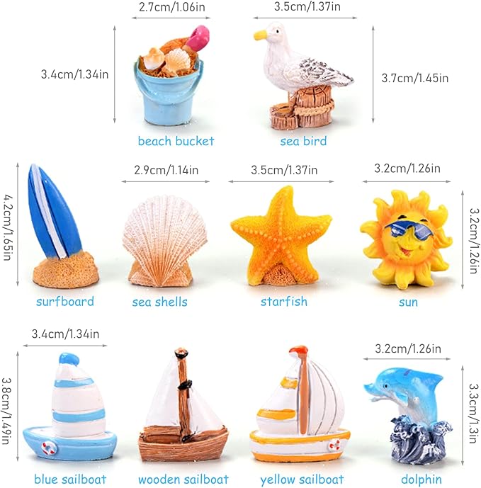10 PCS Miniature Beach Figurines - Mini Shell Dolphin Starfish Sailboat Decorations, Ocean Diorama Supplies, Cake Topper