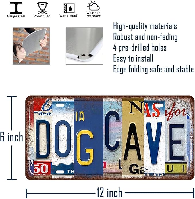 Funny Dog Tin Signs Metal Wall Art for Home Pet Room Decor Vintage Dog Cave License Plate Sign Dogs House Accessories Decorations 12x6 Inch