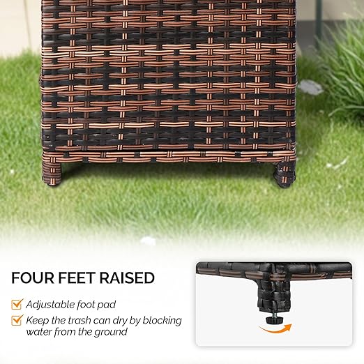 VINGLI 33 Gallon Outdoor Trash Can with Convenient Lid, Rattan Garbage Container with Side Hook, Weatherproof Patio Trash Can for Graden, Yard, Patio, Brown