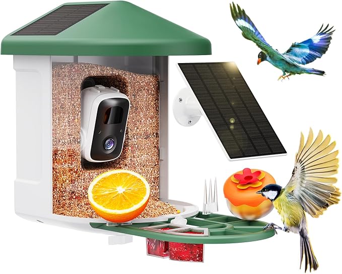 Bird Feeder with Camera with AI Identify Birds Species Solar Powered, Smart Bird House with Cam, 2K HD Video Live Stream, Instant Arrival Alerts - Green