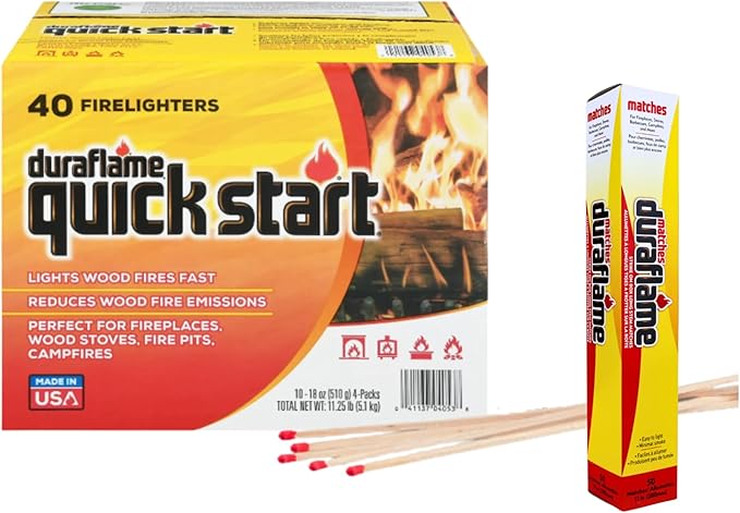 Duraflame Quick Start Firelighters – Easy, Fast-Starting Fire Starters Made with Wax & Recycled Biomass Fibers for Fireplaces, Fire Pits, Wood Stoves & Campfires (10 Pack + Matches)