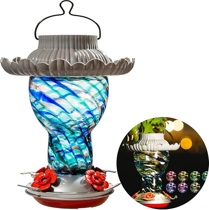 Solar Hummingbird Feeder for Outdoors Hanging Ant and Bee Proof, 25oz Color Changing Light Hand Blown Glass, Leakproof Garden Decor, Gitfs for Bird Lover (Blue)