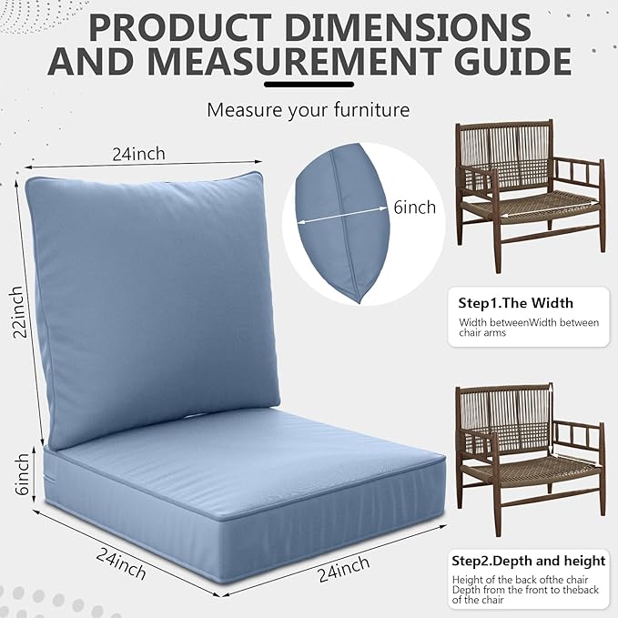 24" x 24" x 6" Outdoor Deep Seat Cushions Set - 6 Set Waterproof & Fade Resistant Patio Furniture Replacement Cushions, Non-Slip Outdoor Cushions Fit Loveseats, Couches, Chairs, and Sofas