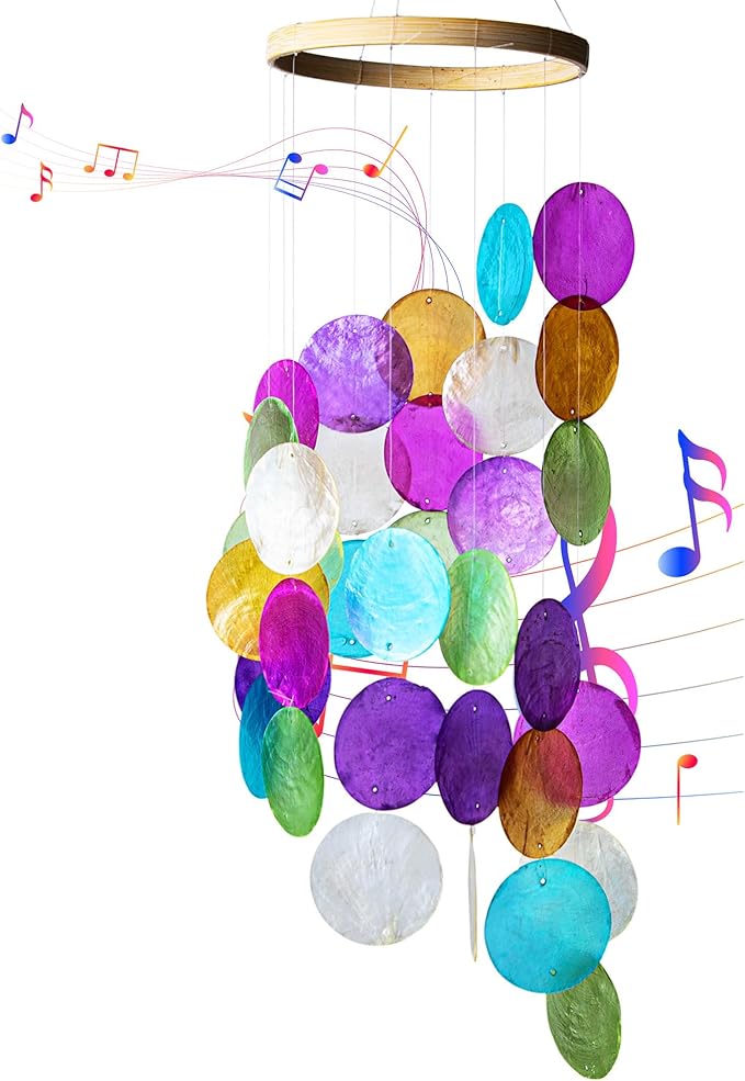 Rainbow Capiz Seashell Wind Chimes Outdoor Indoor Hanging Handmade Painted Colorful Beach Coast Ocean Home Decorative Hanging Mobiles Memorial Sympthy Gift